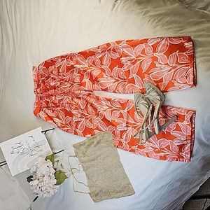 Elegant Satin Belted Orange Floral Wide Leg Pants